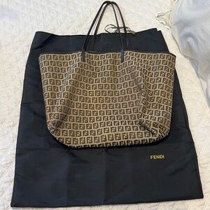 Vintage Fendi Zucchino monogram logo shopper tote in brown and tan canvas